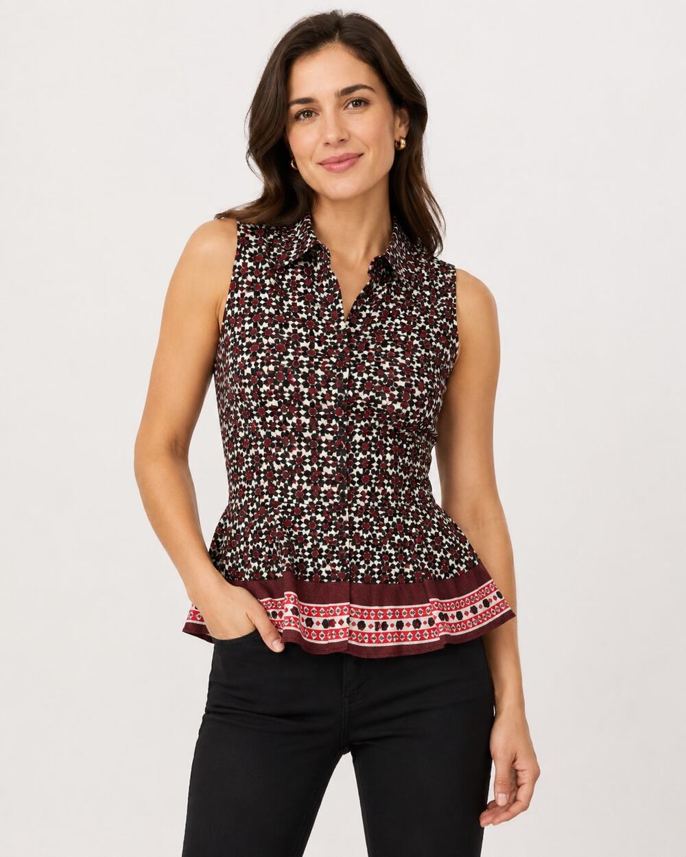 Kate Spade Rambling Roses Floral Peplum Blouse Burgundy Black XS